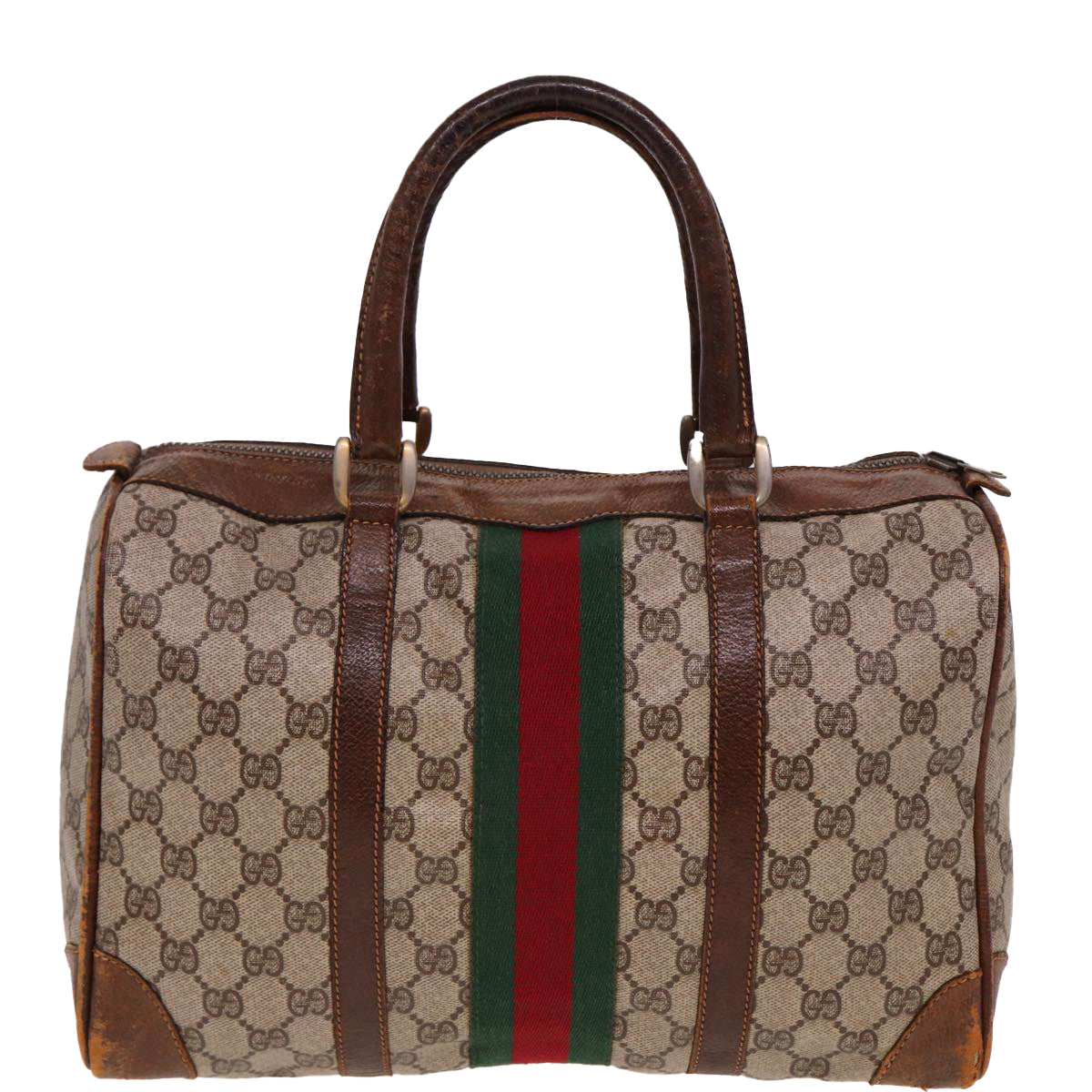 GUCCI GG Supreme Web Sherry Line Boston Bag PVC Beige Red Green Auth 78775