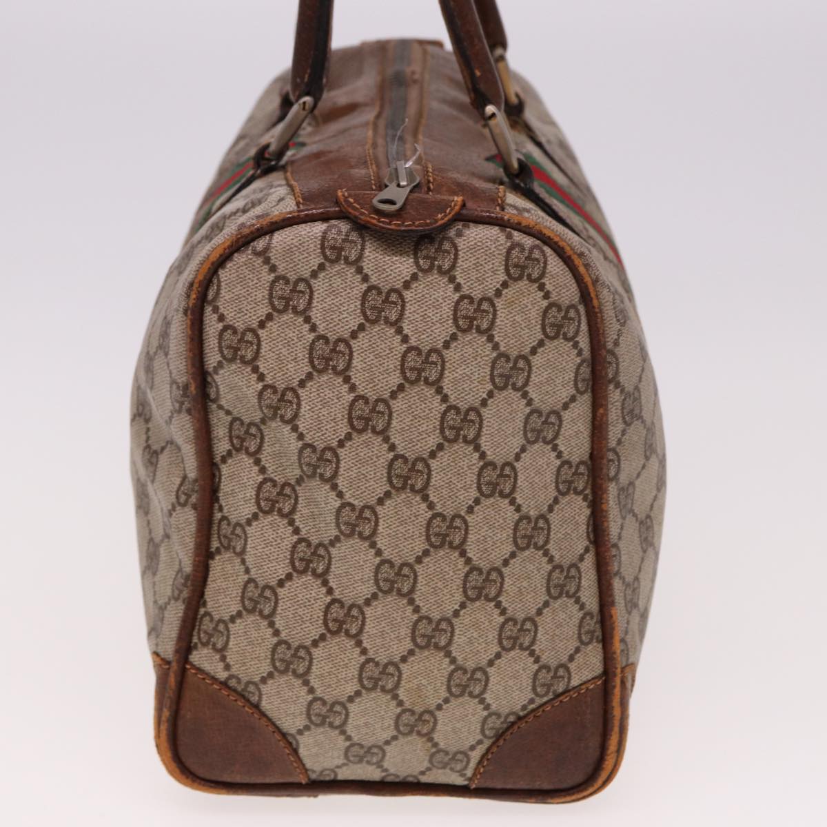 GUCCI GG Supreme Web Sherry Line Boston Bag PVC Beige Red Green Auth 78775