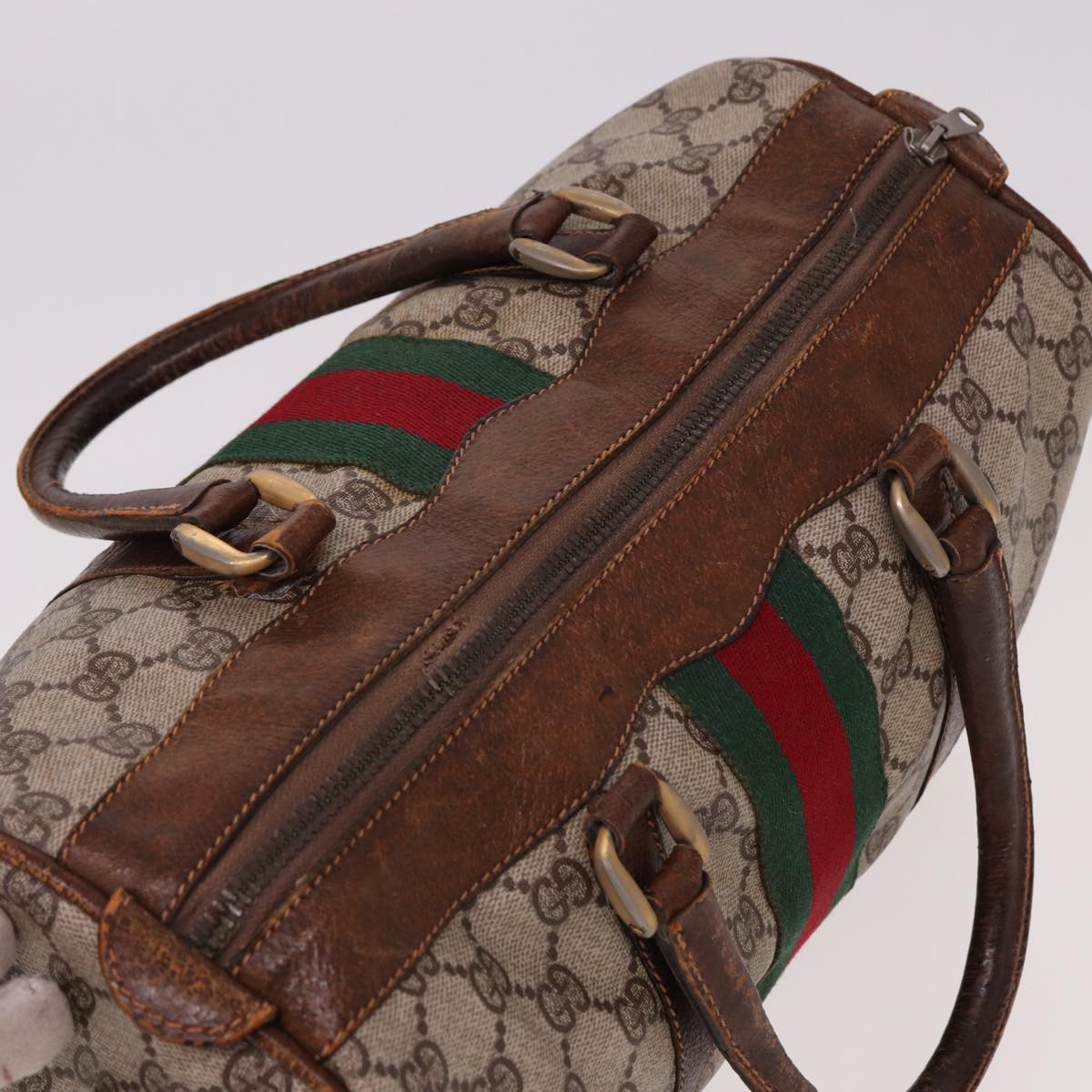 GUCCI GG Supreme Web Sherry Line Boston Bag PVC Beige Red Green Auth 78775