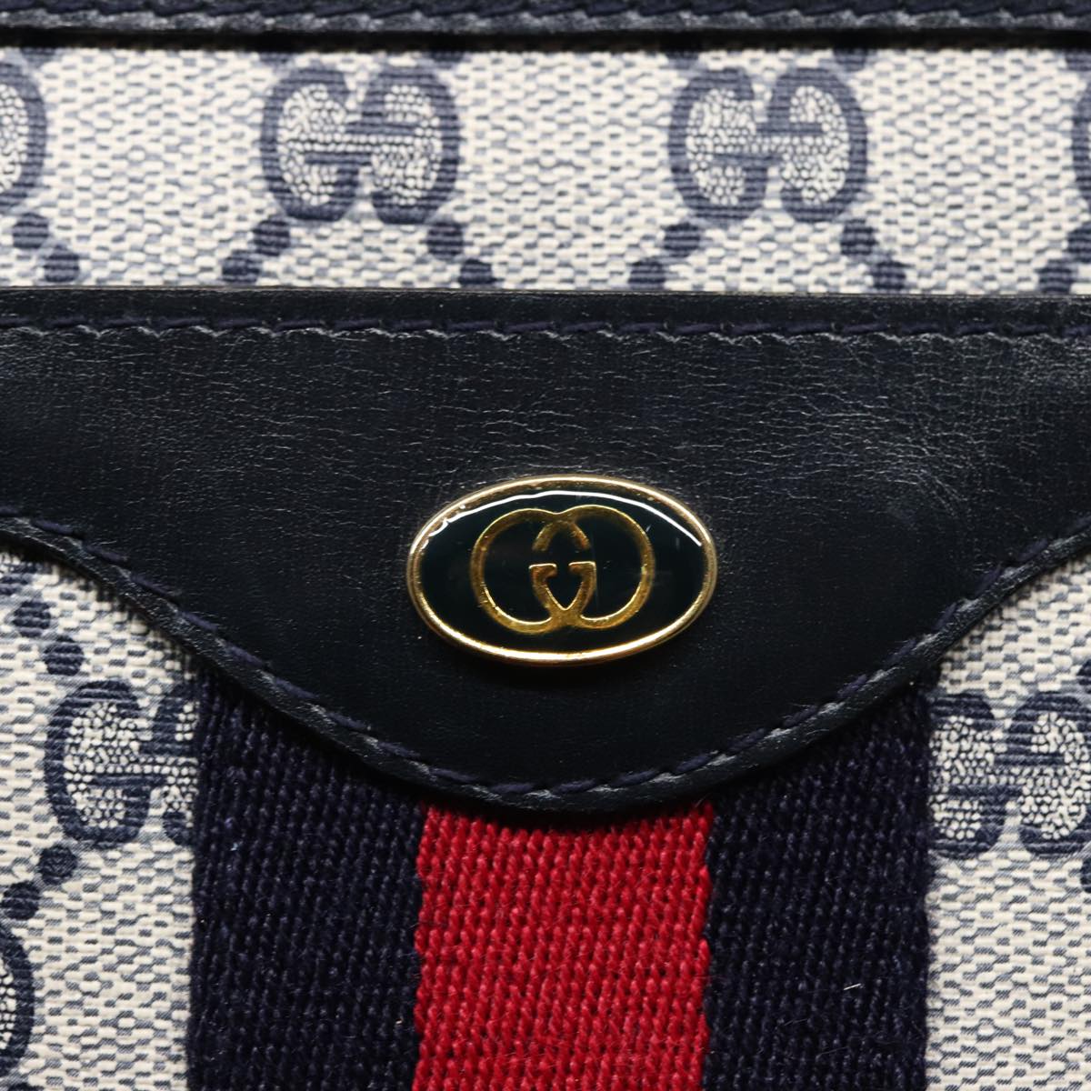 GUCCI GG Supreme Sherry Line Shoulder Bag PVC Leather Navy 010 378 Auth 78786