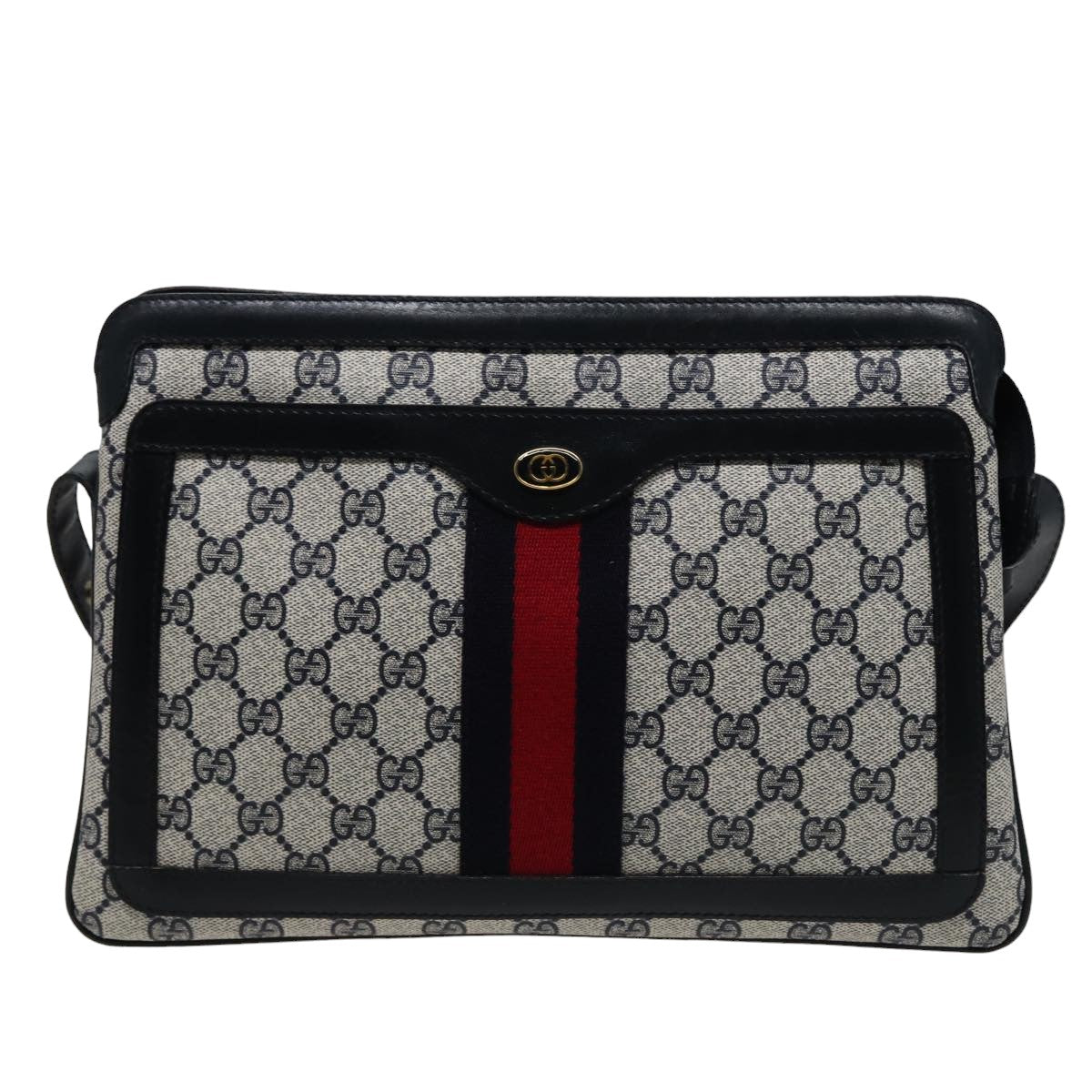 GUCCI GG Supreme Sherry Line Shoulder Bag PVC Leather Navy 010 378 Auth 78786