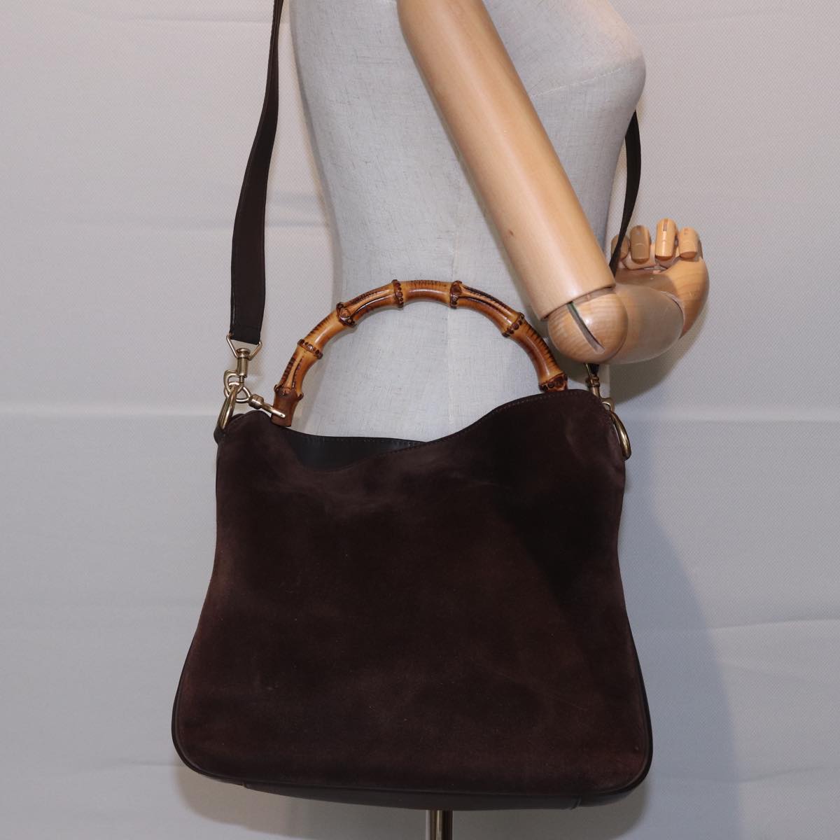 GUCCI Bamboo Hand Bag Suede 2way Brown 001 2404 1638 Auth 78789