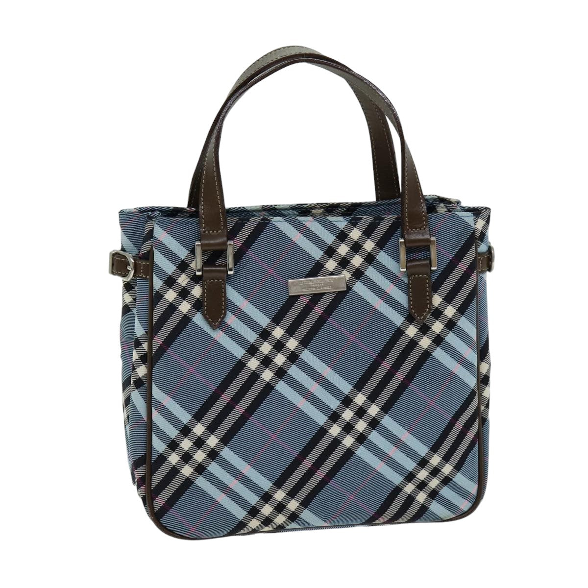 BURBERRY Nova Check Blue Label Hand Bag Nylon Light Blue Brown Auth 78854