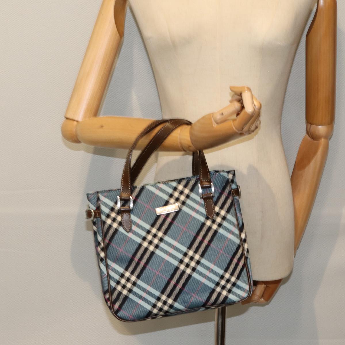 BURBERRY Nova Check Blue Label Hand Bag Nylon Light Blue Brown Auth 78854