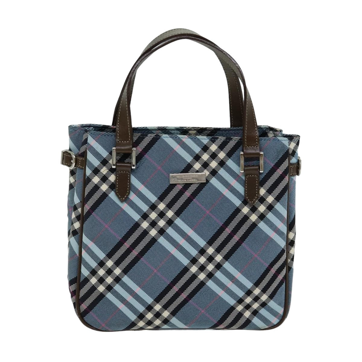 BURBERRY Nova Check Blue Label Hand Bag Nylon Light Blue Brown Auth 78854