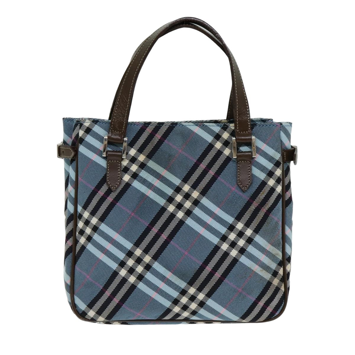 BURBERRY Nova Check Blue Label Hand Bag Nylon Light Blue Brown Auth 78854