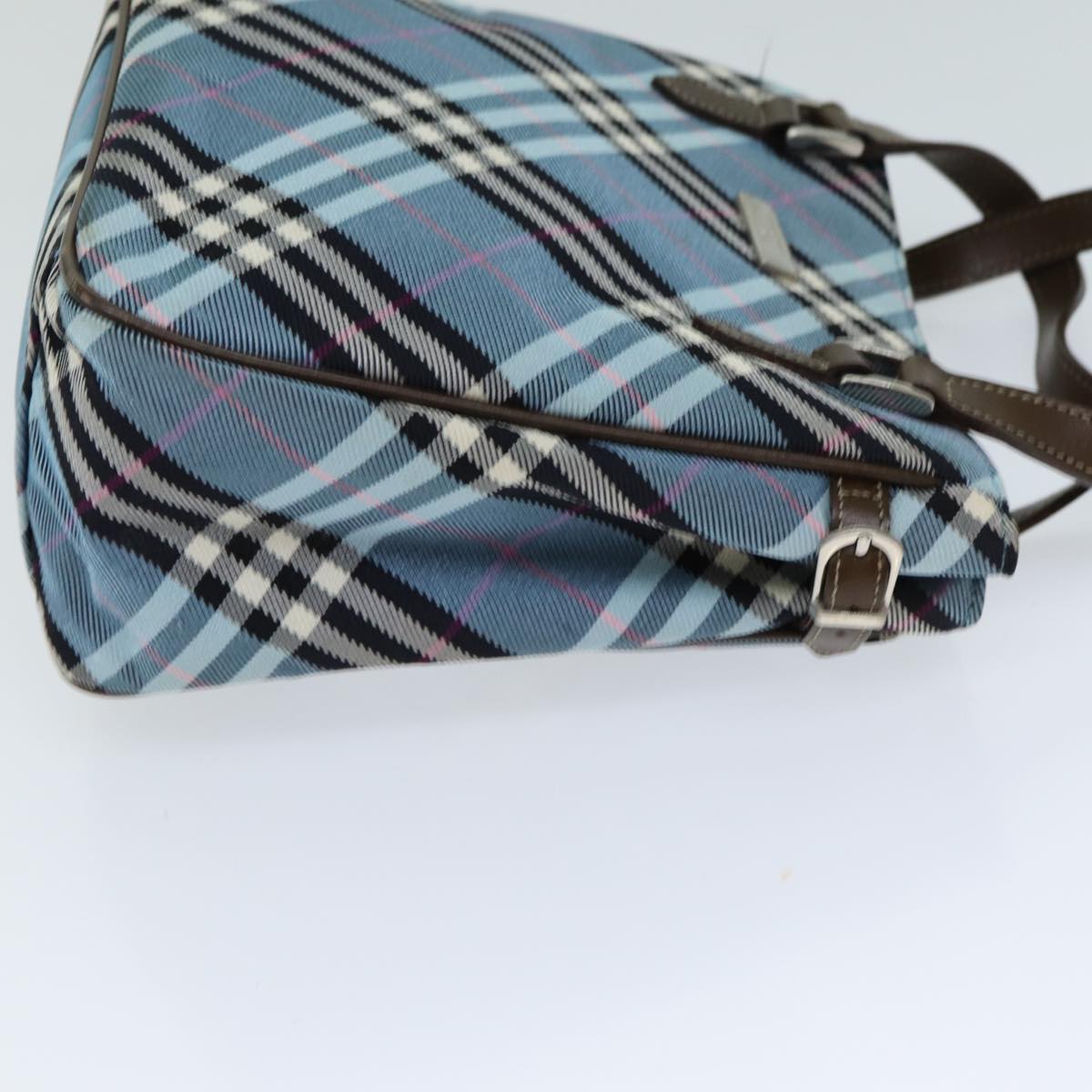 BURBERRY Nova Check Blue Label Hand Bag Nylon Light Blue Brown Auth 78854