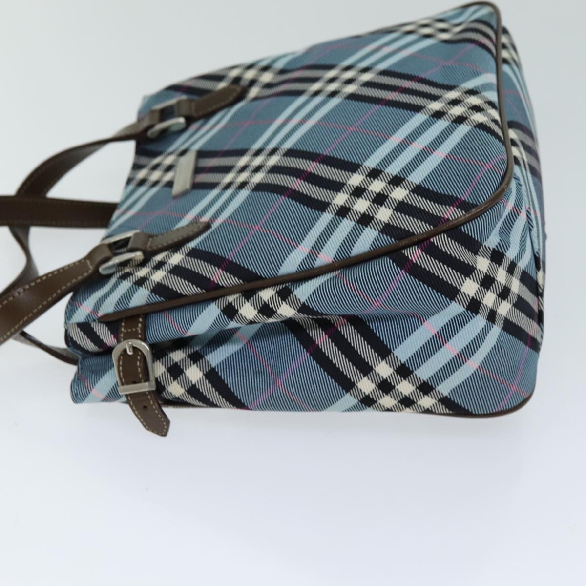 BURBERRY Nova Check Blue Label Hand Bag Nylon Light Blue Brown Auth 78854