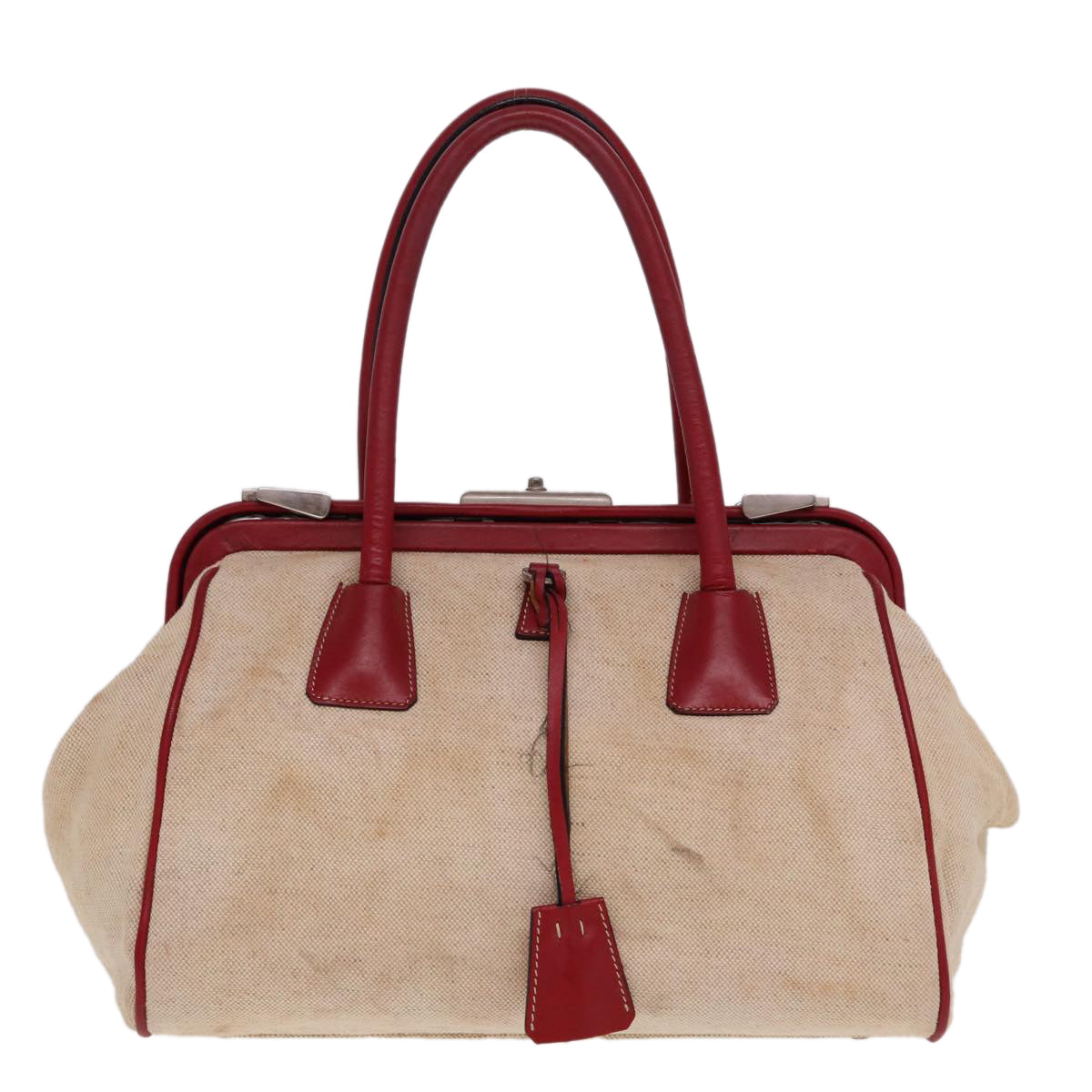 PRADA Hand Bag Canvas Leather Cream Red Auth 78856