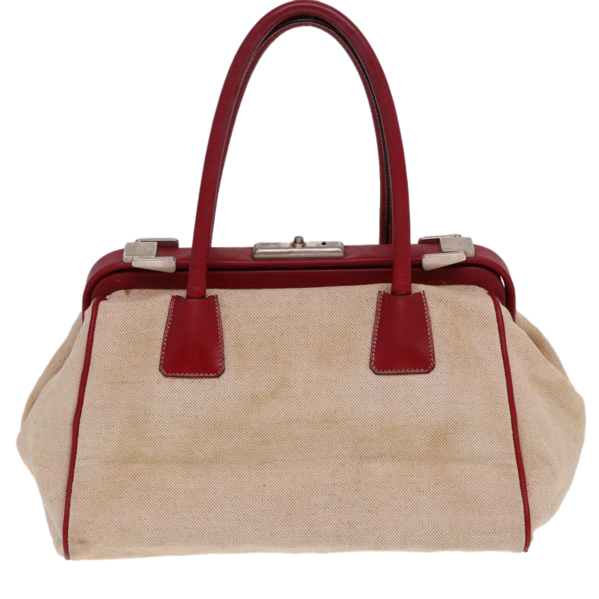 PRADA Hand Bag Canvas Leather Cream Red Auth 78856 - 0