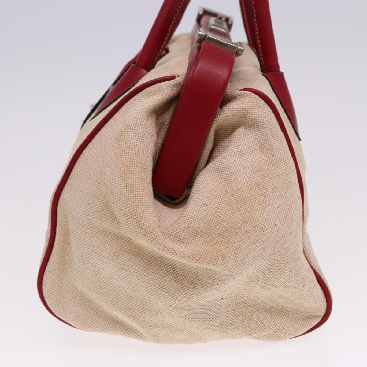 PRADA Hand Bag Canvas Leather Cream Red Auth 78856