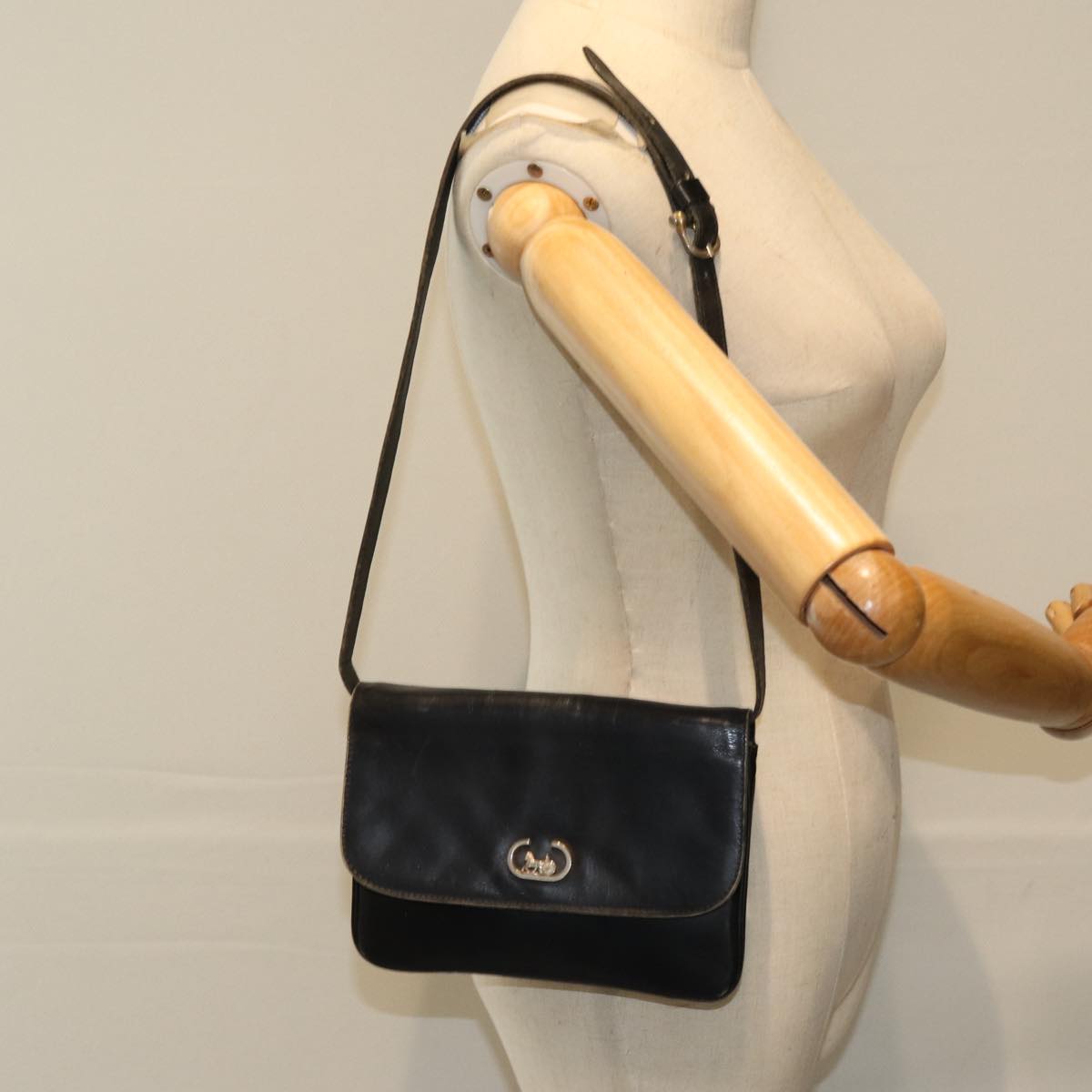 CELINE Shoulder Bag Leather Black Auth 78890