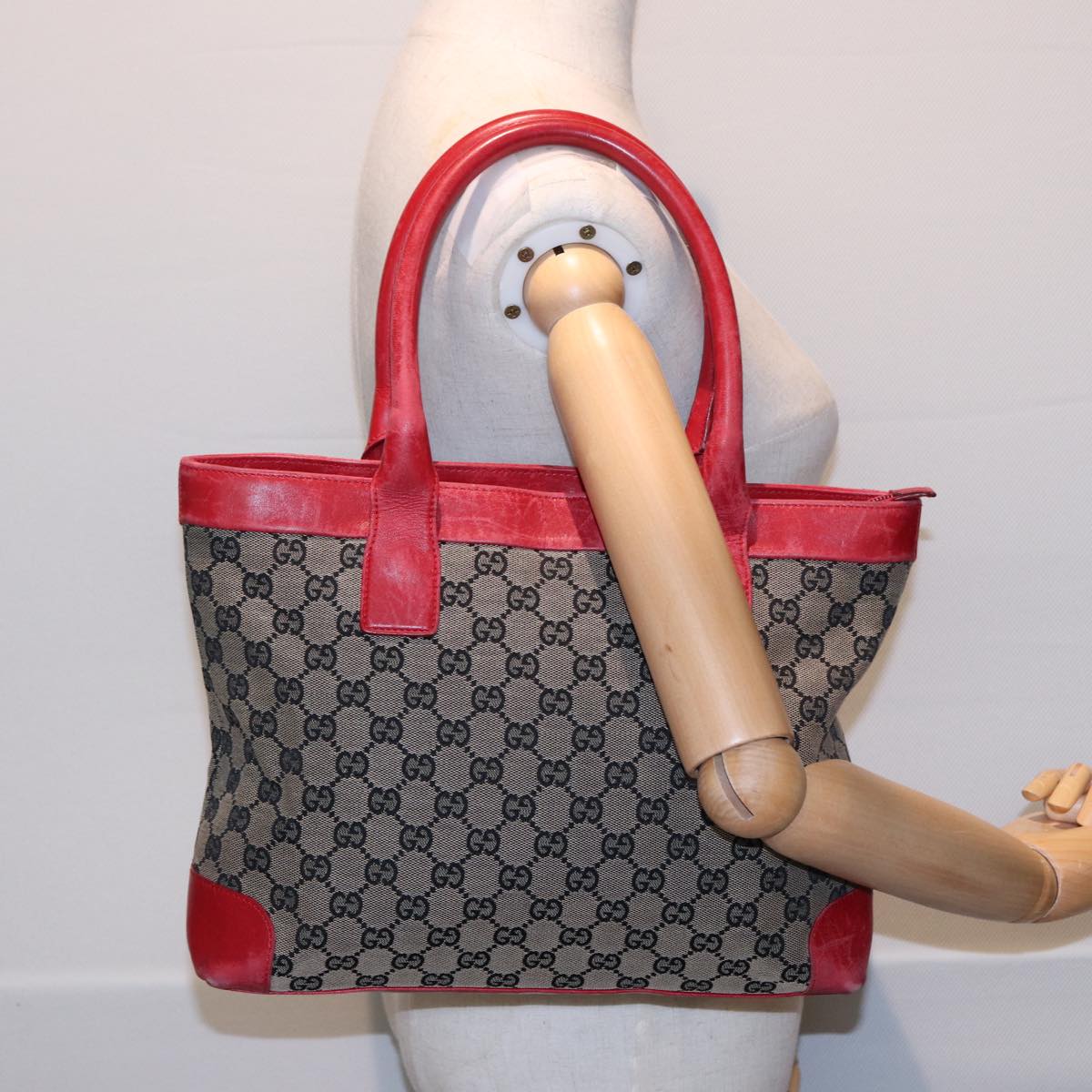 GUCCI GG Canvas Hand Bag Beige Red 002 1119 Auth 78907