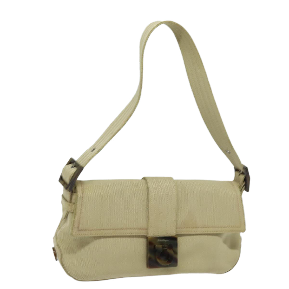 Salvatore Ferragamo Gancini Shoulder Bag Canvas Beige Auth 78966