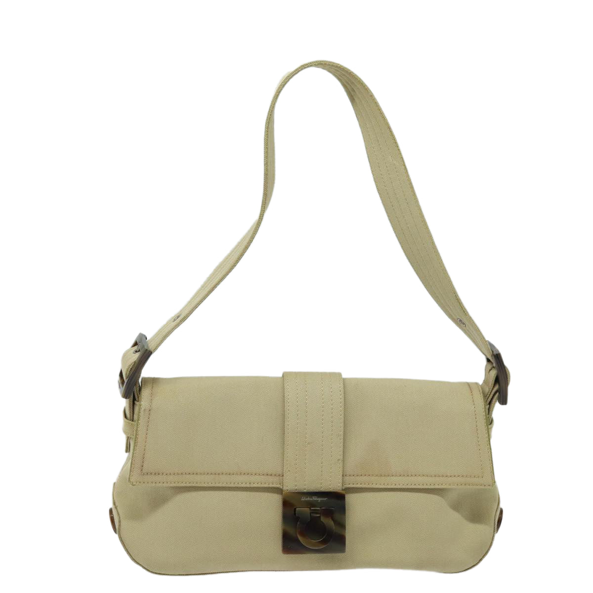 Salvatore Ferragamo Gancini Shoulder Bag Canvas Beige Auth 78966