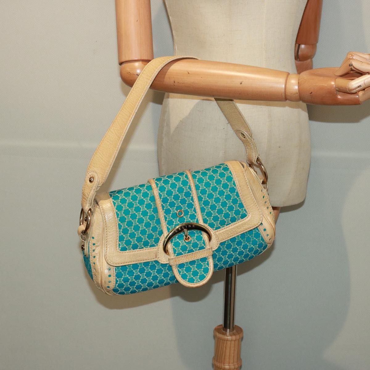 CELINE Macadam Canvas Shoulder Bag Turquoise Blue Auth 79101