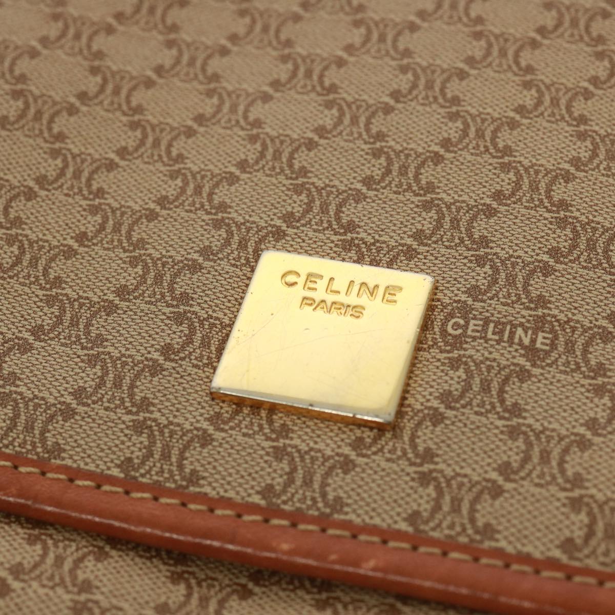 CELINE Macadam Canvas Shoulder Bag Beige Auth 79103