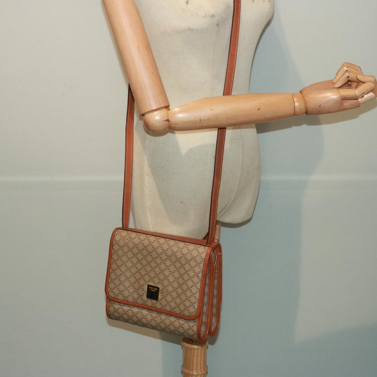 CELINE Macadam Canvas Shoulder Bag Beige Auth 79103