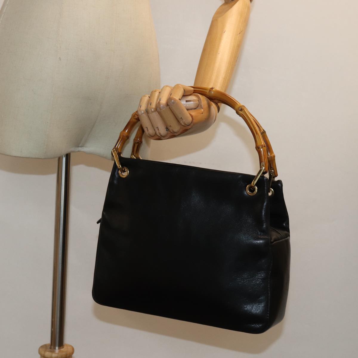 GUCCI Bamboo Hand Bag Leather Black Auth 79132