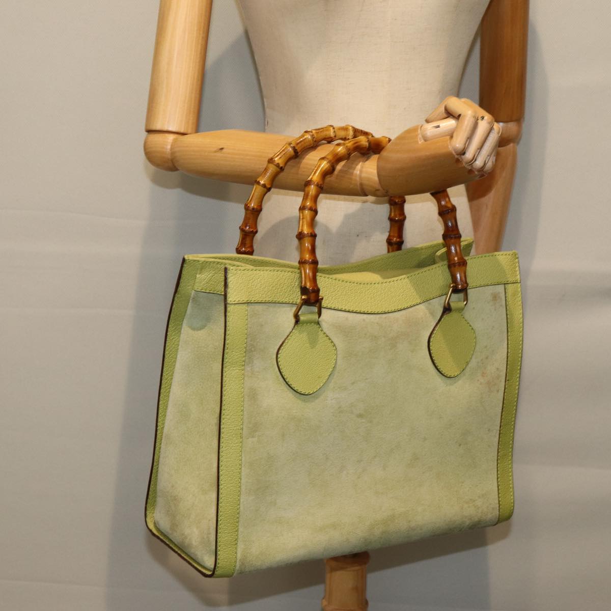 GUCCI Bamboo Hand Bag Suede Green 002 123 0260 Auth 79157