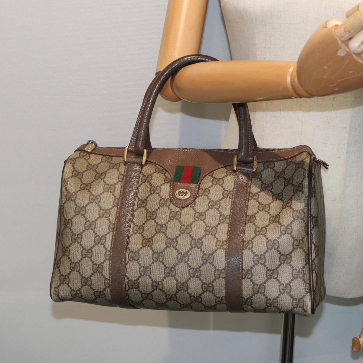 GUCCI GG Supreme Web Sherry Line Boston Bag PVC Beige Red 40 02 007 Auth 79159