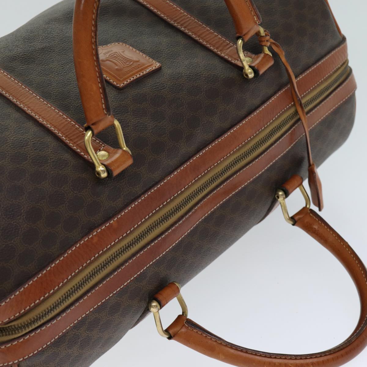 CELINE Macadam Canvas Boston Bag PVC Leather Brown Auth 79188