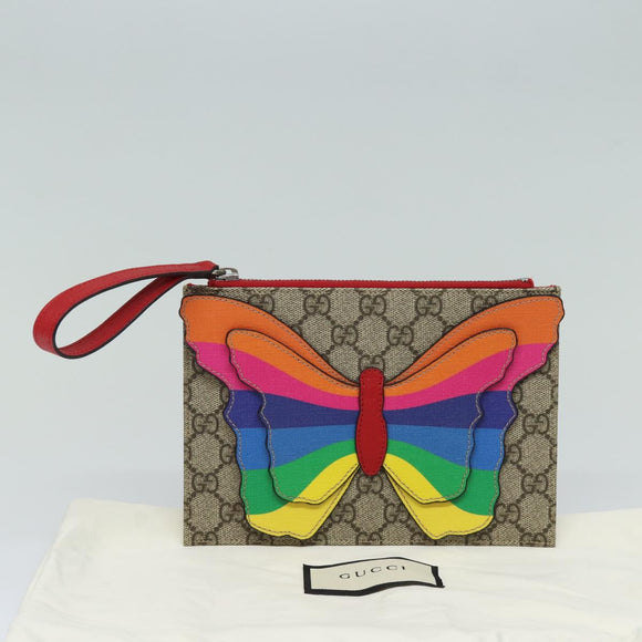 GUCCI GG Supreme Butterfly Clutch Bag PVC Beige 550781 Auth 79205V