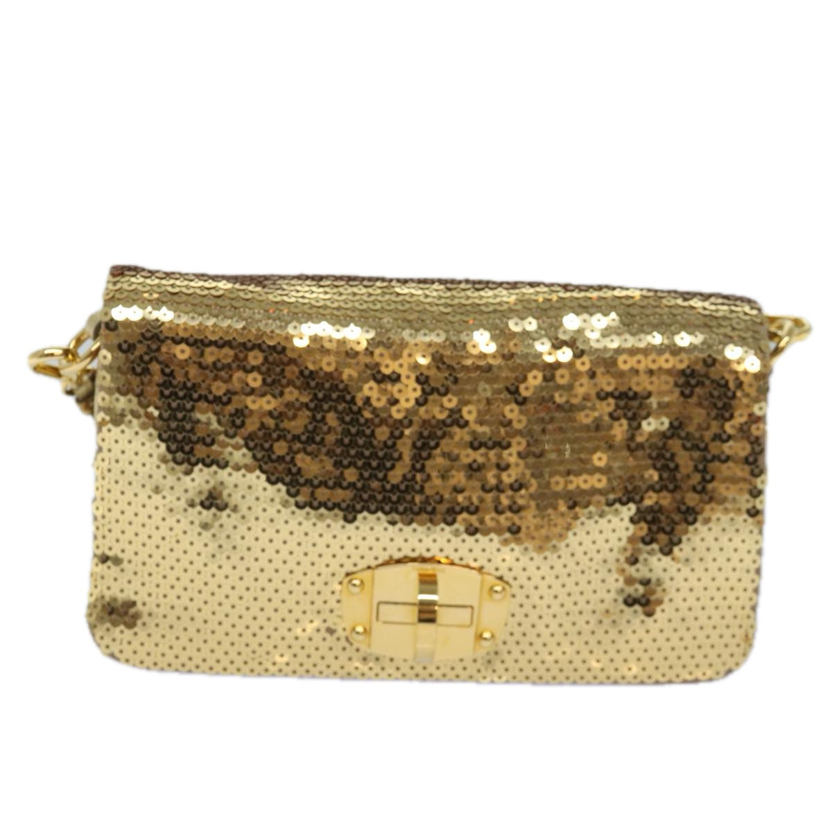 Miu Miu Sequin Shoulder Bag Leather Gold Auth 79210