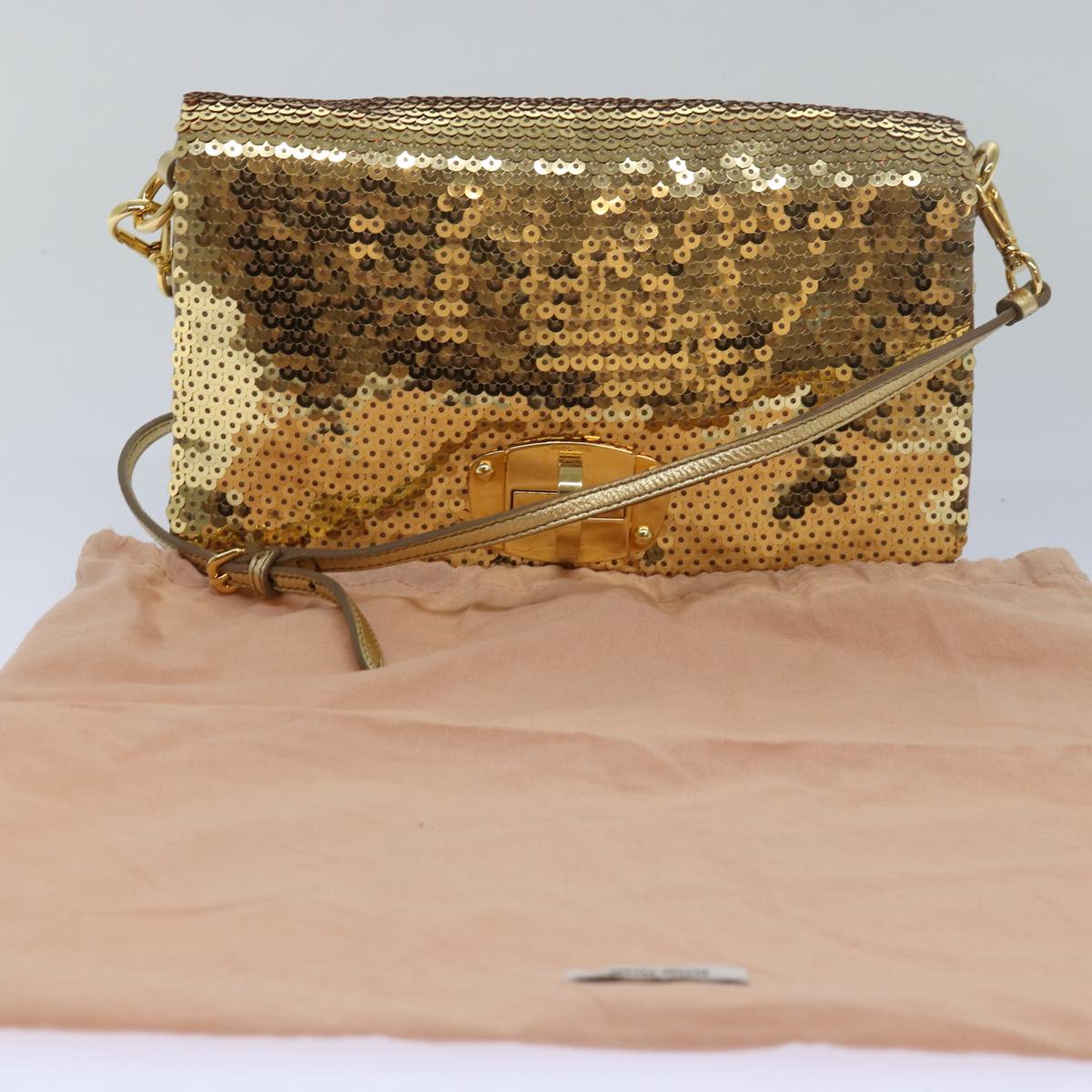 Miu Miu Sequin Shoulder Bag Leather Gold Auth 79210