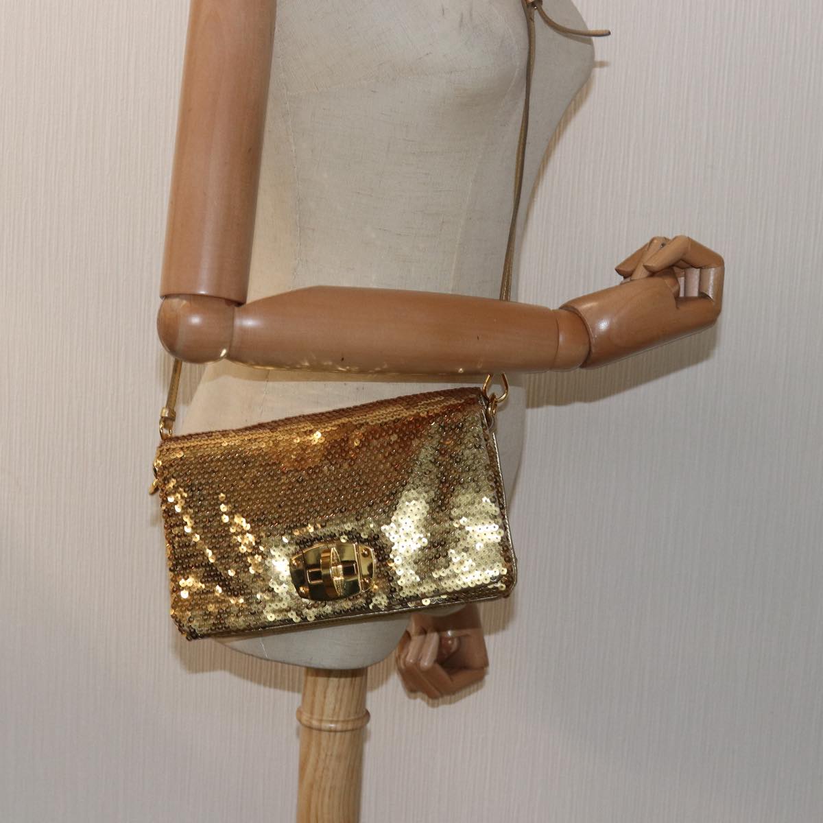 Miu Miu Sequin Shoulder Bag Leather Gold Auth 79210