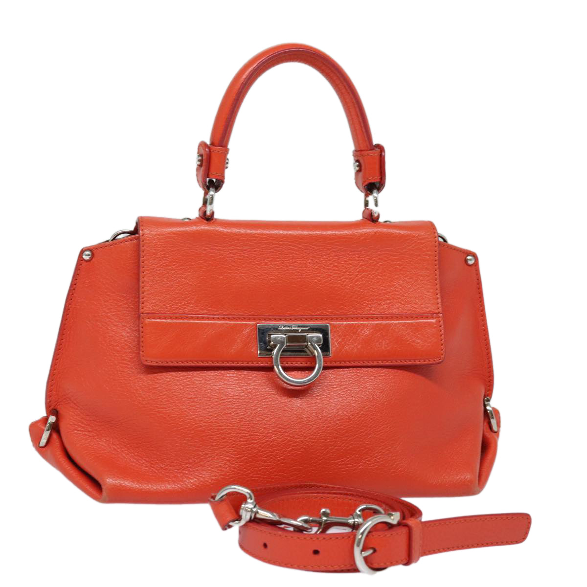 Salvatore Ferragamo Gancini Hand Bag Leather 2way Orange Auth 79212