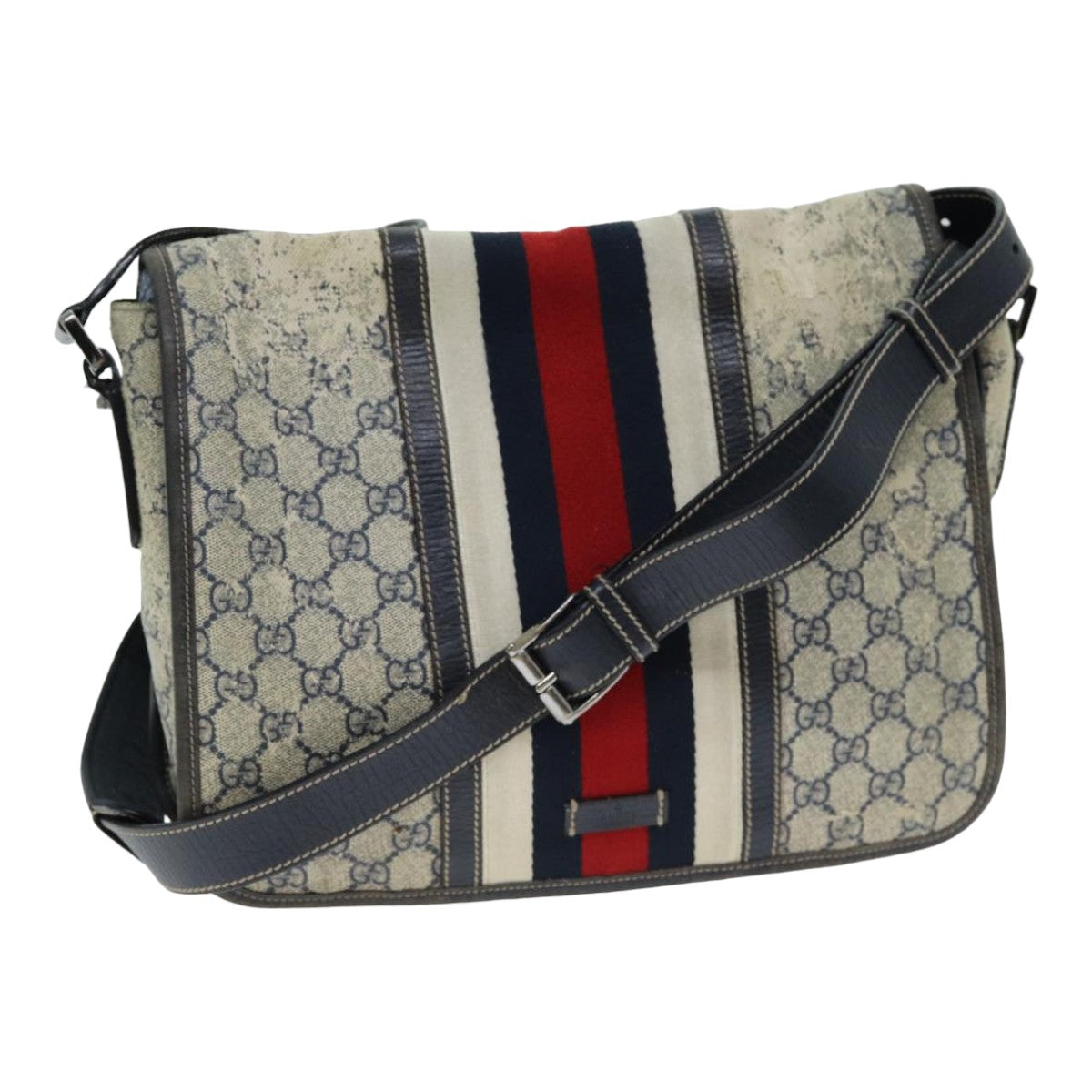 GUCCI GG Supreme Sherry Line Shoulder Bag PVC Leather Beige Navy Auth 79288