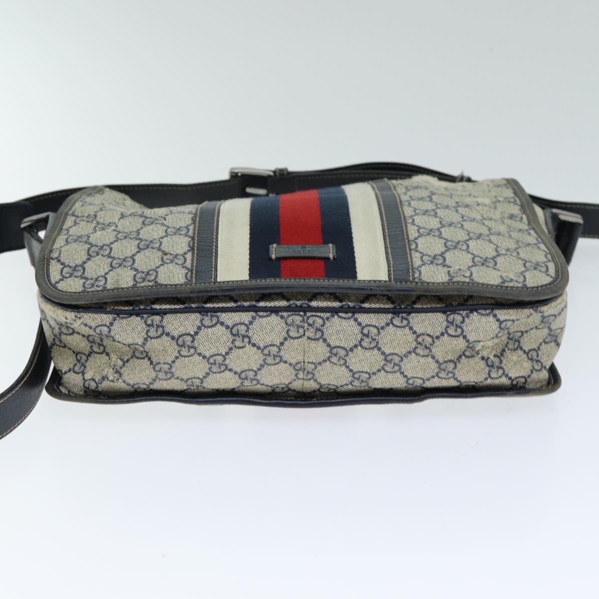 GUCCI GG Supreme Sherry Line Shoulder Bag PVC Leather Beige Navy Auth 79288