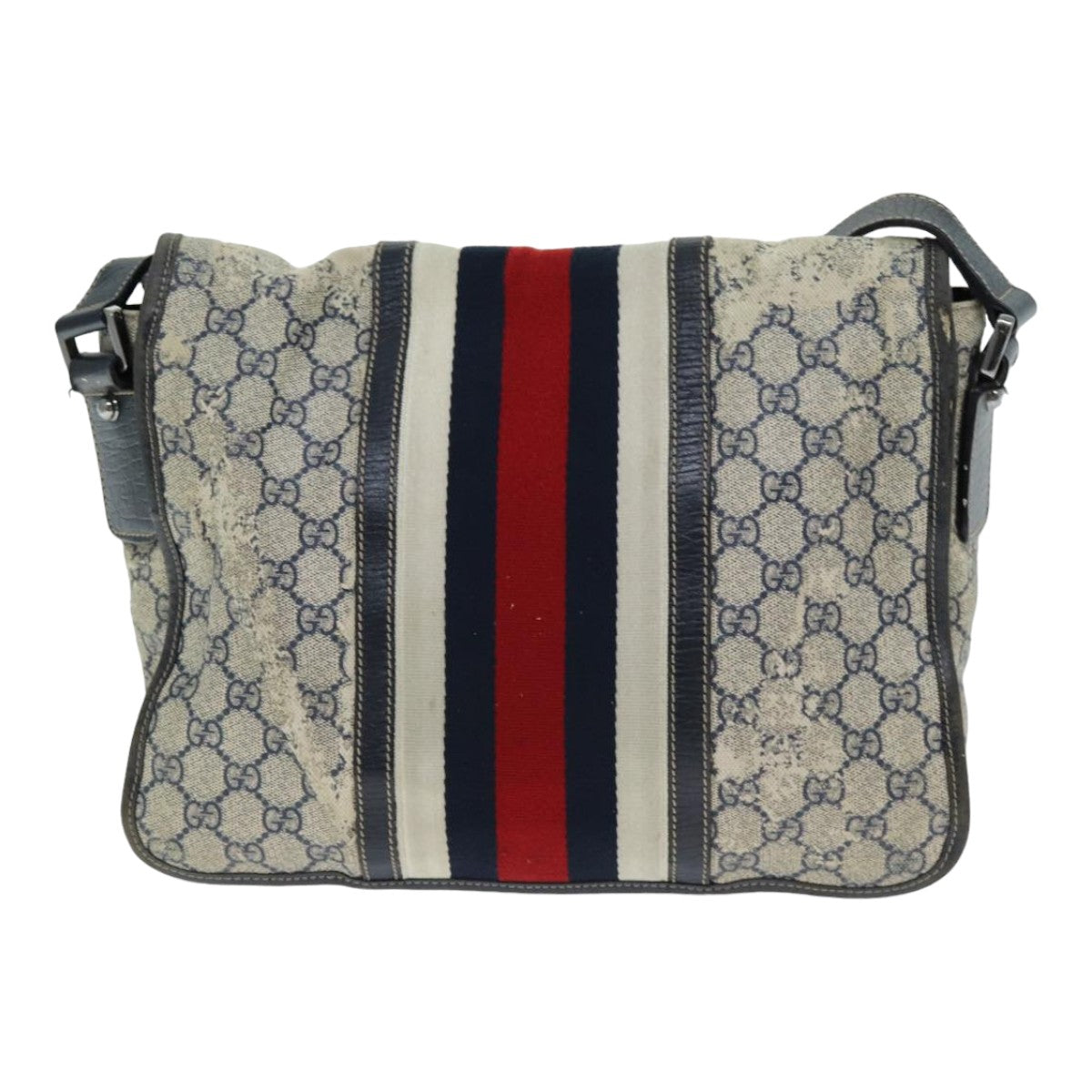 GUCCI GG Supreme Sherry Line Shoulder Bag PVC Leather Beige Navy Auth 79288 - 0