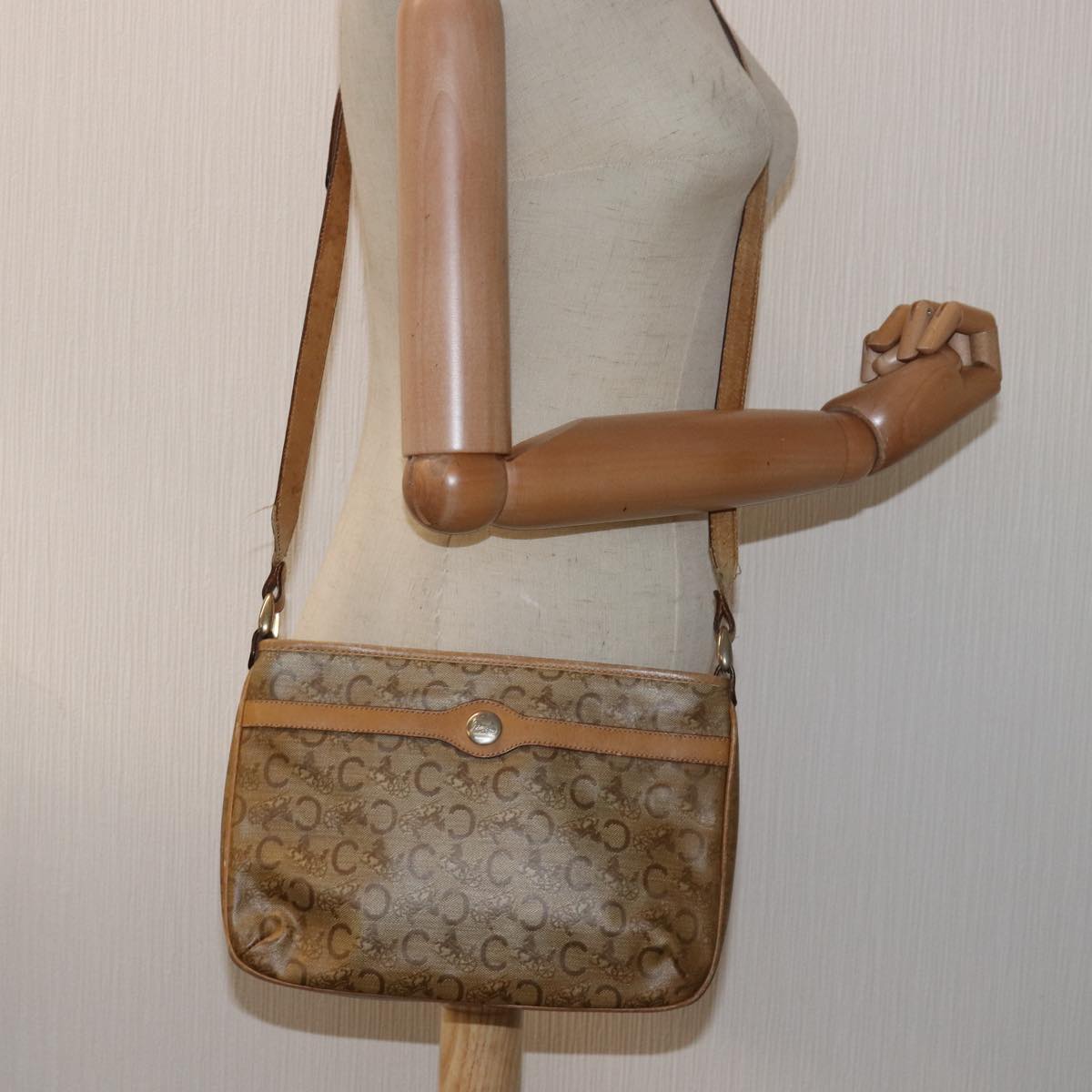 CELINE C Macadam Canvas Shoulder Bag Leather Beige Auth 79305