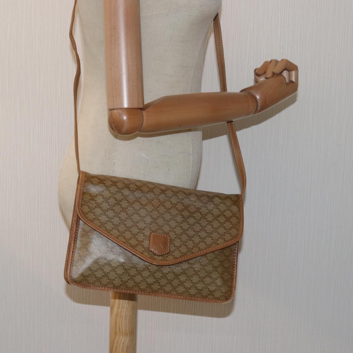 CELINE Macadam Canvas Shoulder Bag Leather Beige Auth 79306