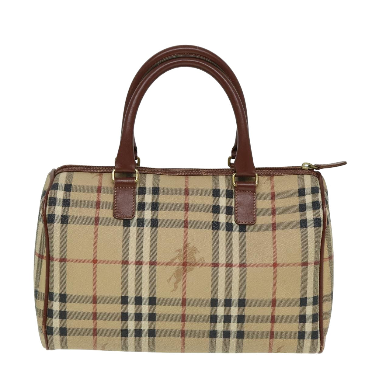 BURBERRY Nova Check Boston Bag PVC Leather Beige Auth 79406