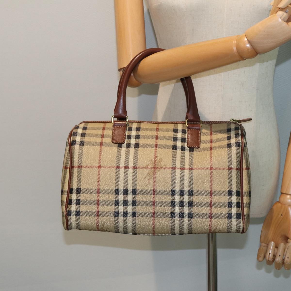 BURBERRY Nova Check Boston Bag PVC Leather Beige Auth 79406