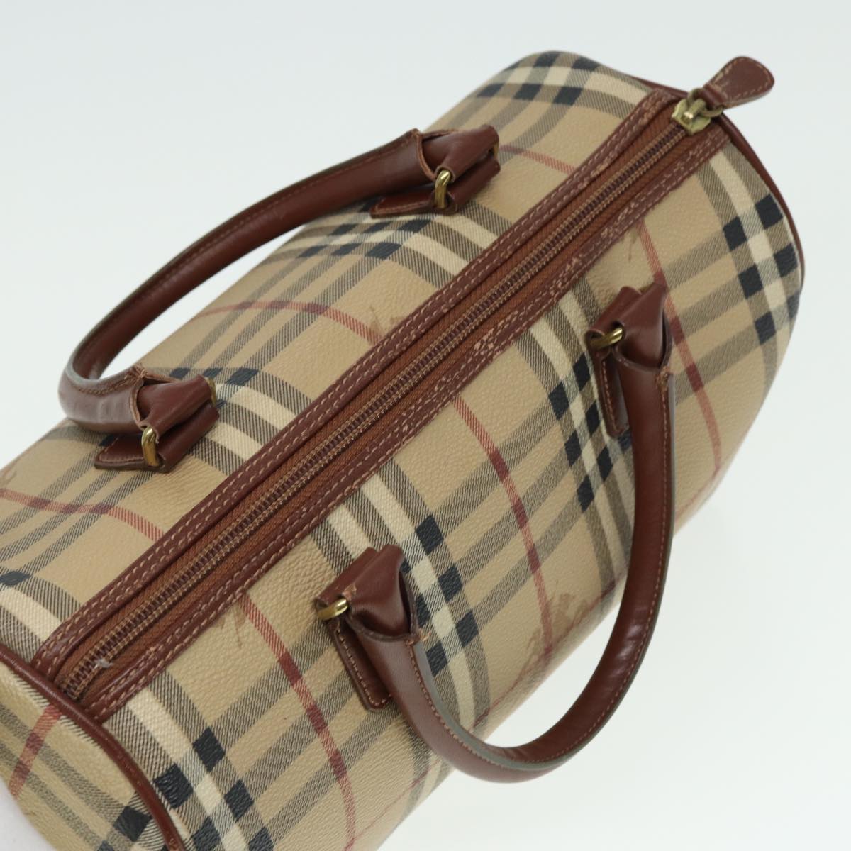 BURBERRY Nova Check Boston Bag PVC Leather Beige Auth 79406