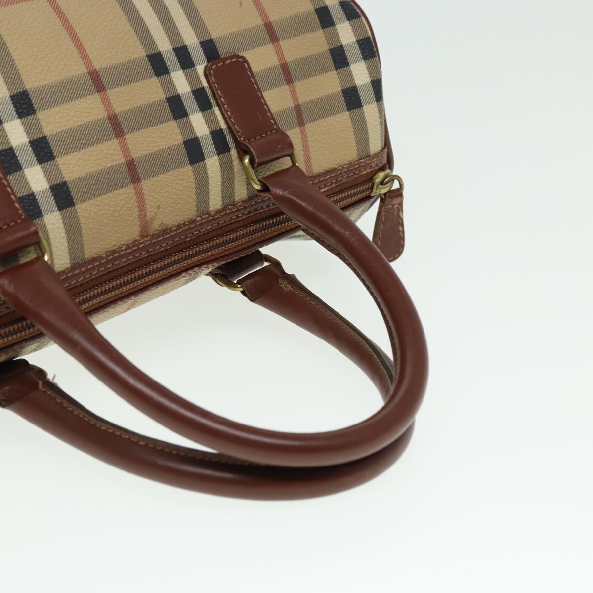 BURBERRY Nova Check Boston Bag PVC Leather Beige Auth 79406