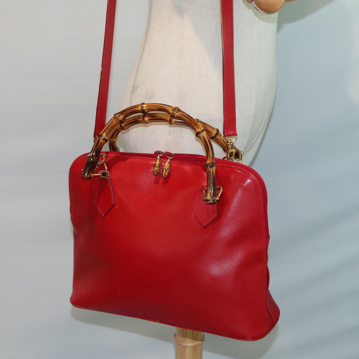 GUCCI Bamboo Hand Bag Leather 2way Red 000 406 0289 Auth 79440