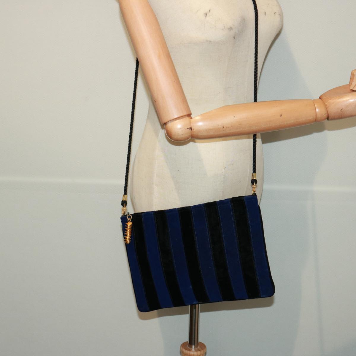 FENDI Shoulder Bag Velor Blue Black Auth 79448