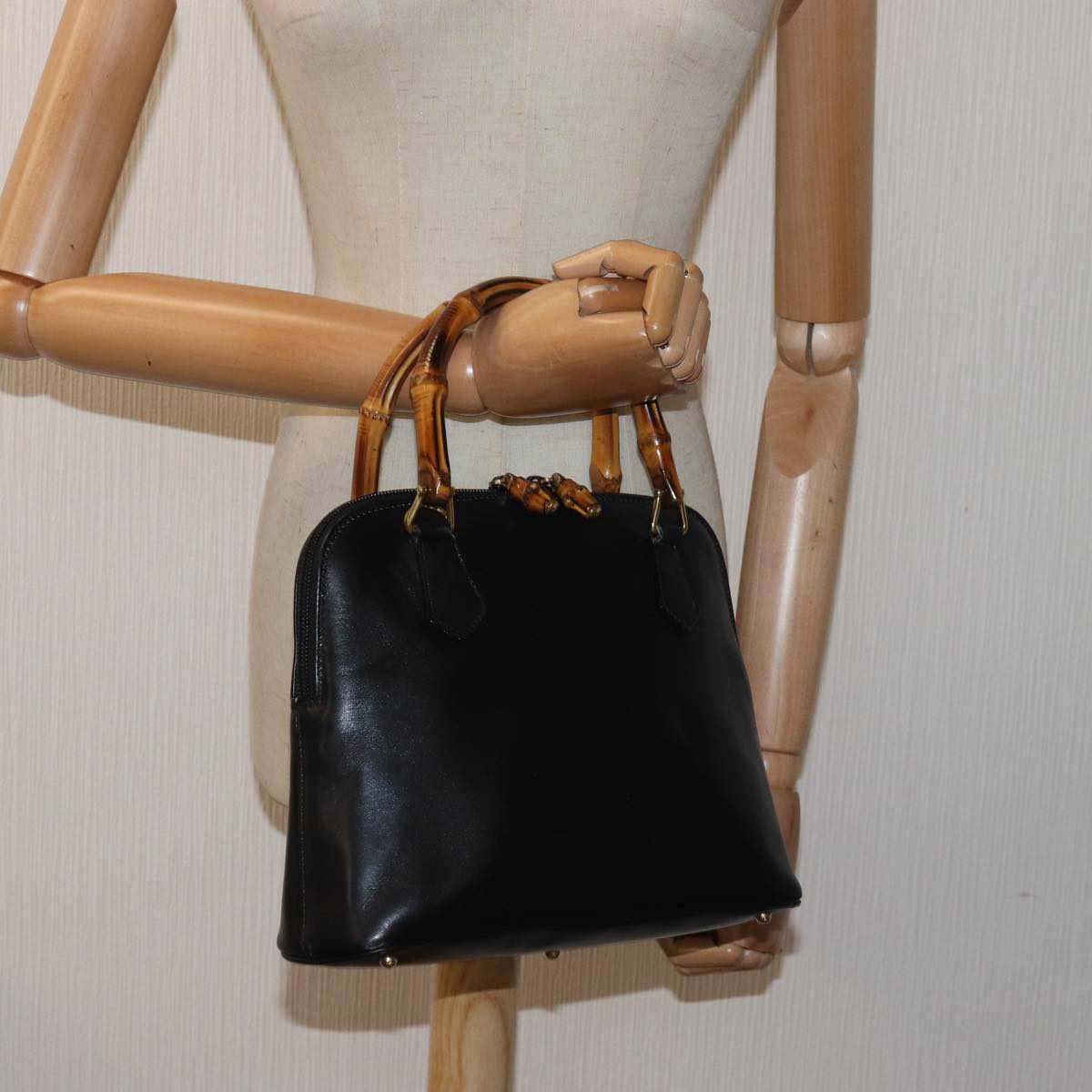 GUCCI Bamboo Hand Bag Leather Black 000 2865 0290 Auth 79569