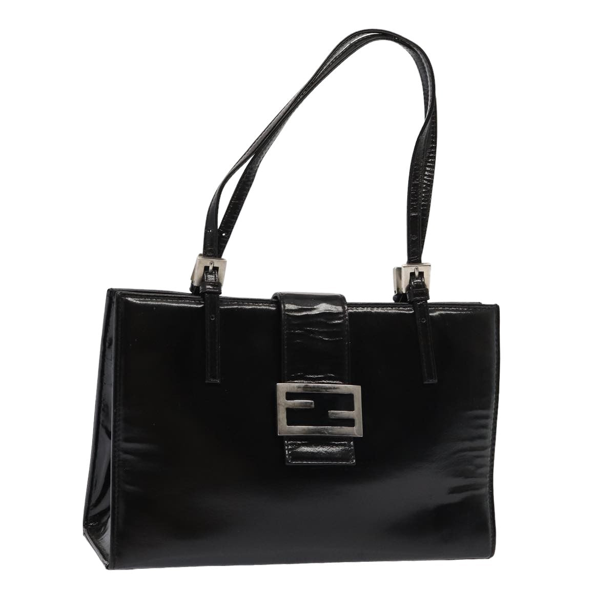 FENDI Hand Bag Enamel Black Auth 79573