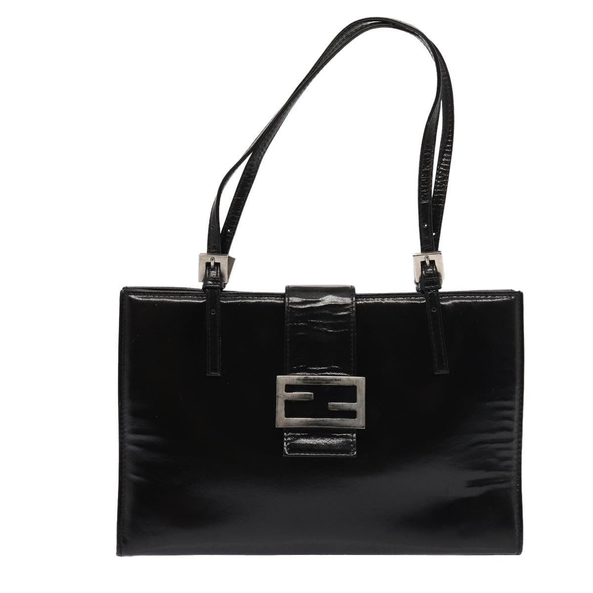 FENDI Hand Bag Enamel Black Auth 79573