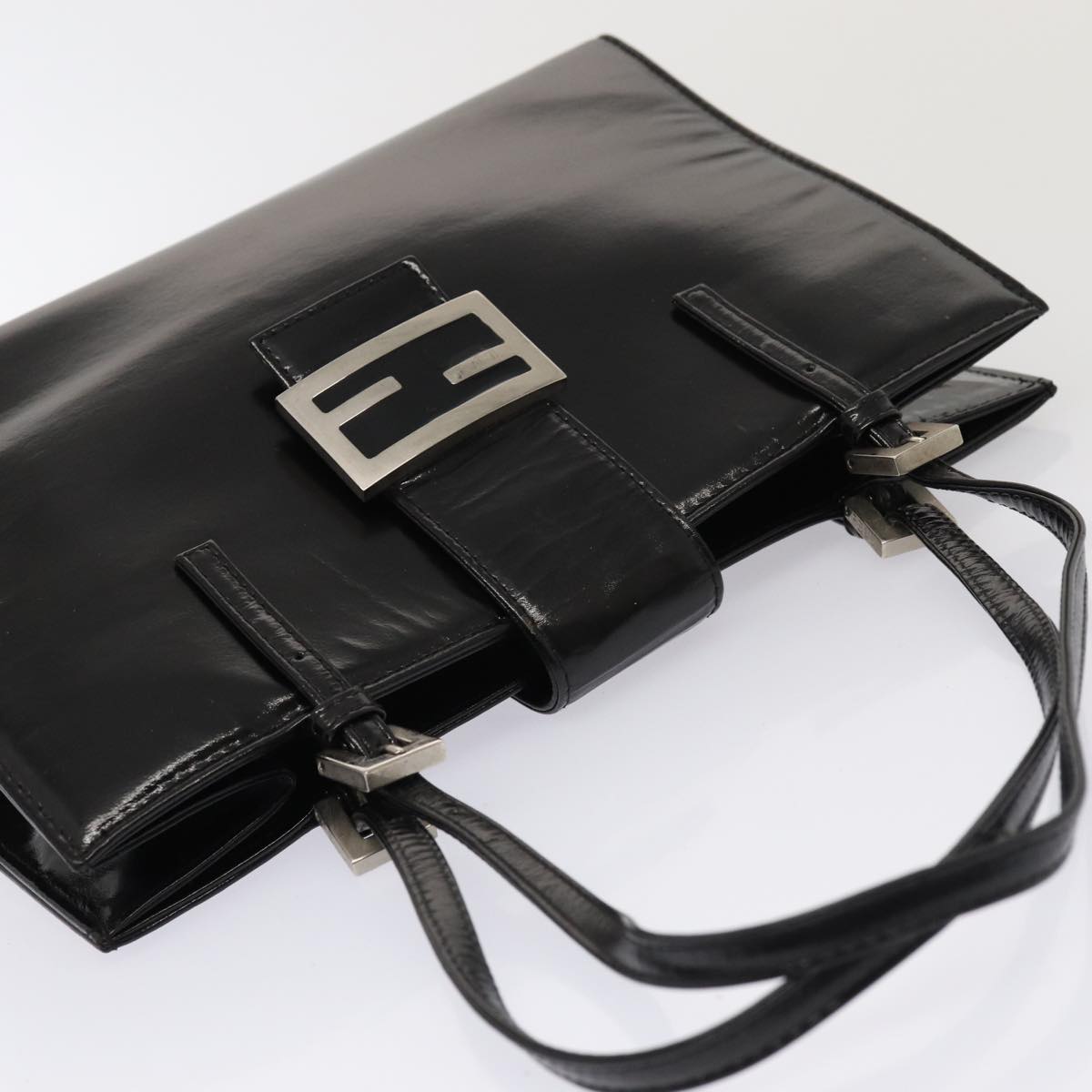 FENDI Hand Bag Enamel Black Auth 79573