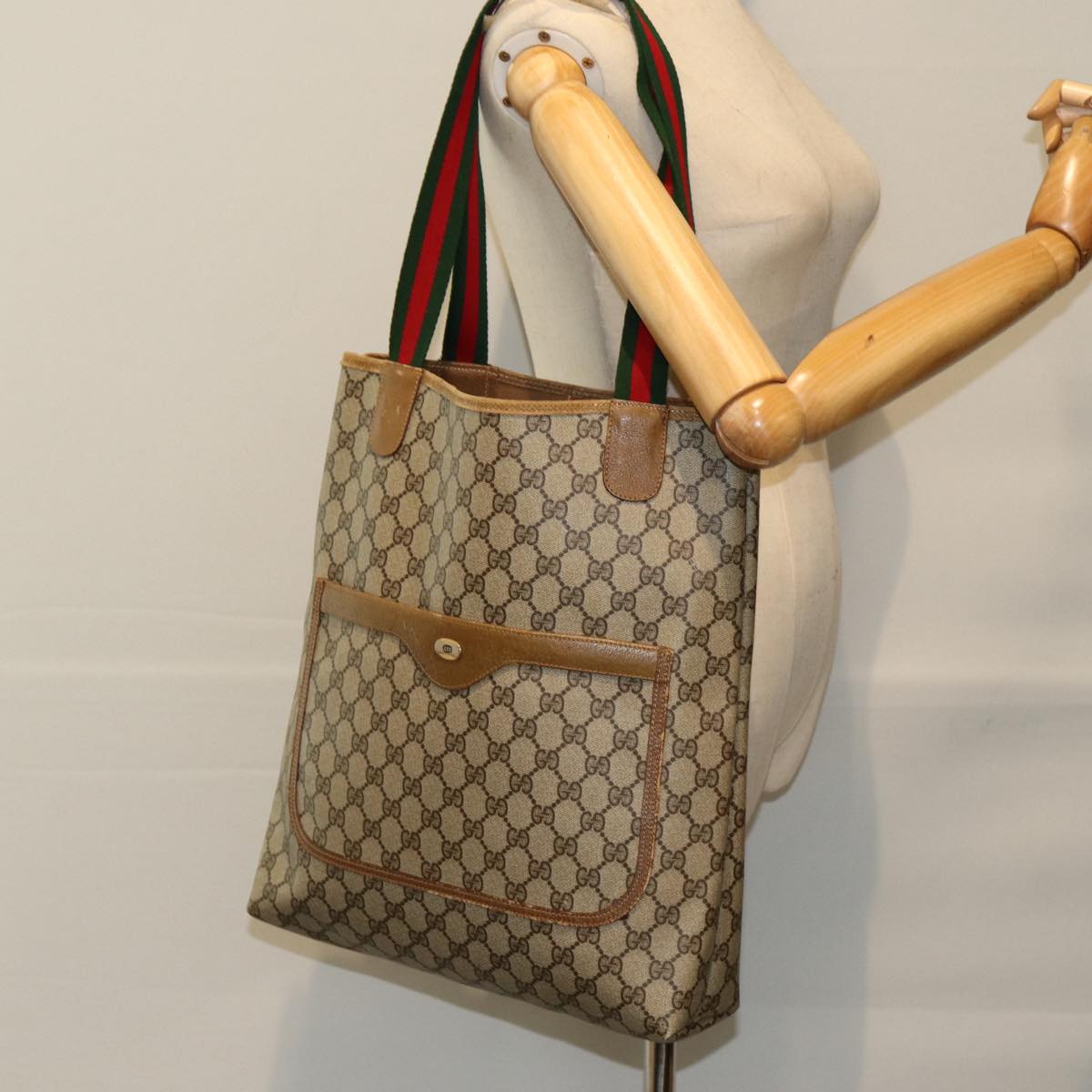 GUCCI GG Supreme Web Sherry Line Tote Bag PVC Leather Beige 39 02 003 Auth 79593