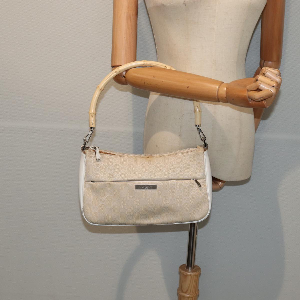 GUCCI Bamboo GG Canvas Hand Bag Beige 001 3865 Auth 79596