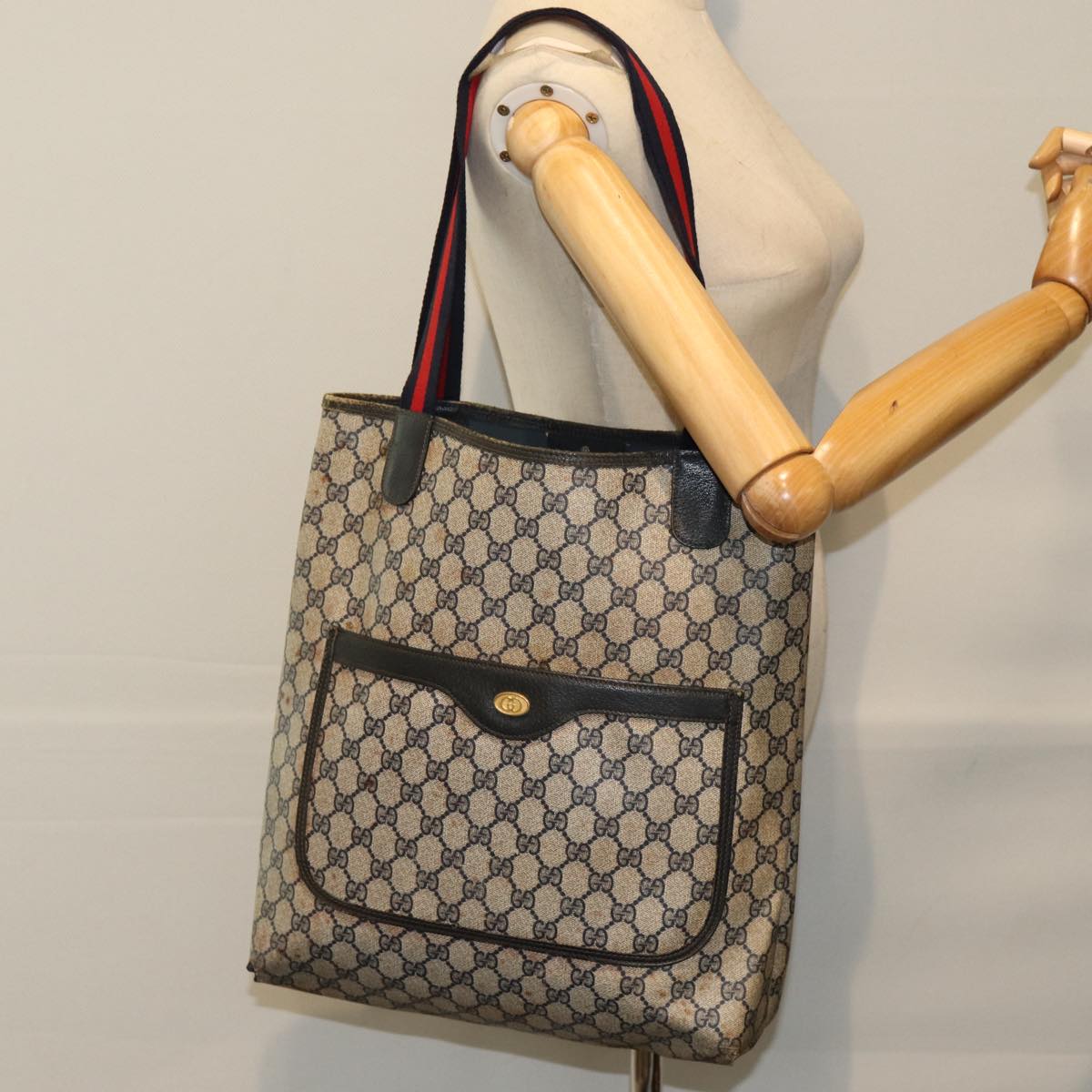 GUCCI GG Supreme Tote Bag PVC Leather Navy Auth 79597