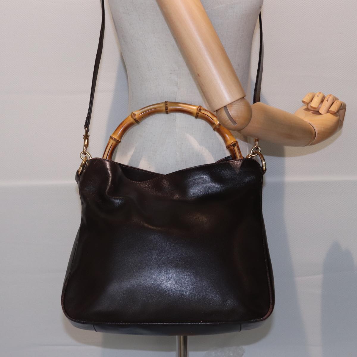 GUCCI Bamboo Hand Bag Leather 2way Brown 001 1705 1638 Auth 79613